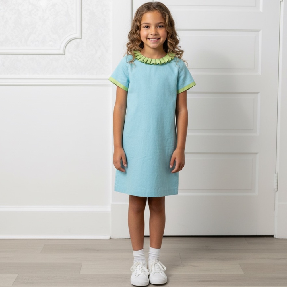 Girls' Light Blue Casual Dress with Lime Trim